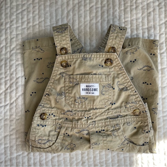 🦖Dinosaur Mighty Handsome Like My Dad Khaki Tan & Navy Cotton Overalls 6M🦕 - Picture 1 of 12